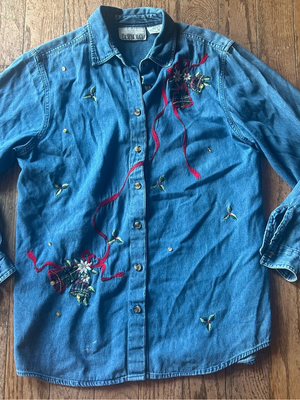 Embroidered Blue Denim Shirt with Red Ribbon Accents